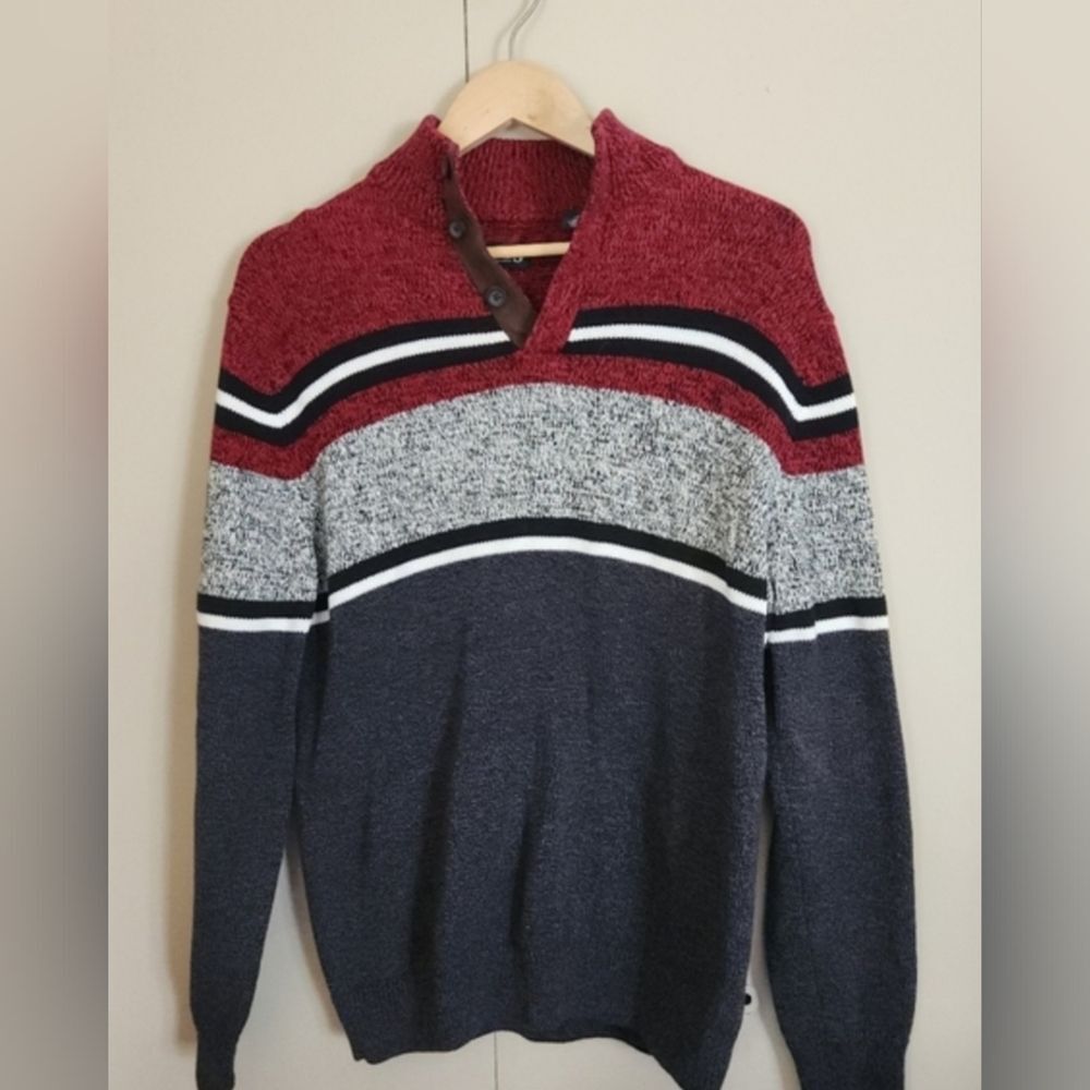 S7 CHAPS Men's Red, Gray, Black Colorblock 1/4 Button Mock Neck Collar Sweater